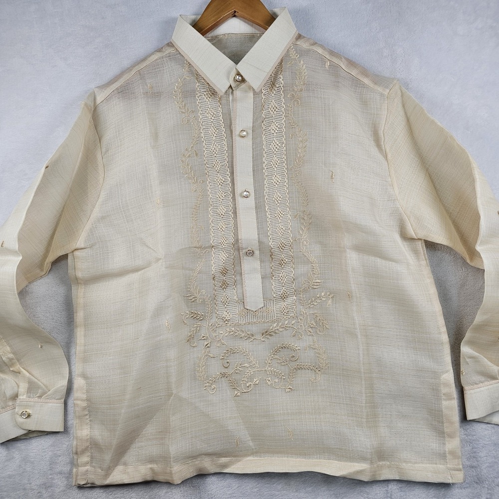 Barong Tagalog Filipino Formal Dress Shirt Men L 44" Sheer Embroidered Button Up - Picture 2 of 11